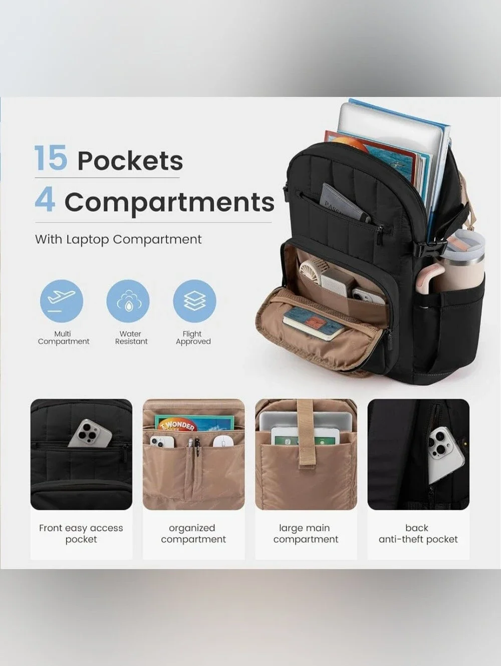 Lovevook Quilted Laptop Backpack w/giant Tumbler Side Pockets